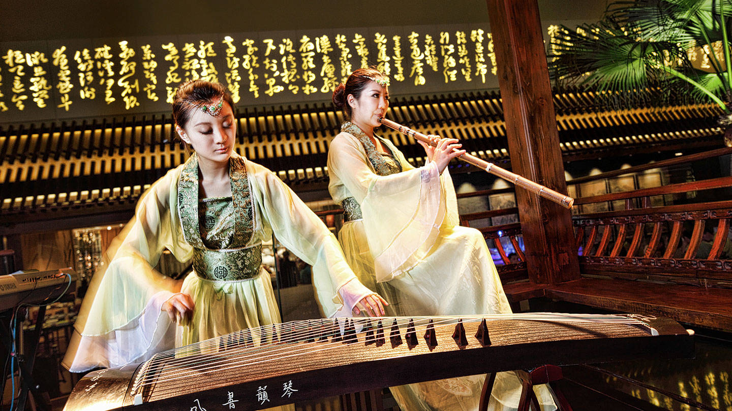 演奏中华传统乐器的女士 