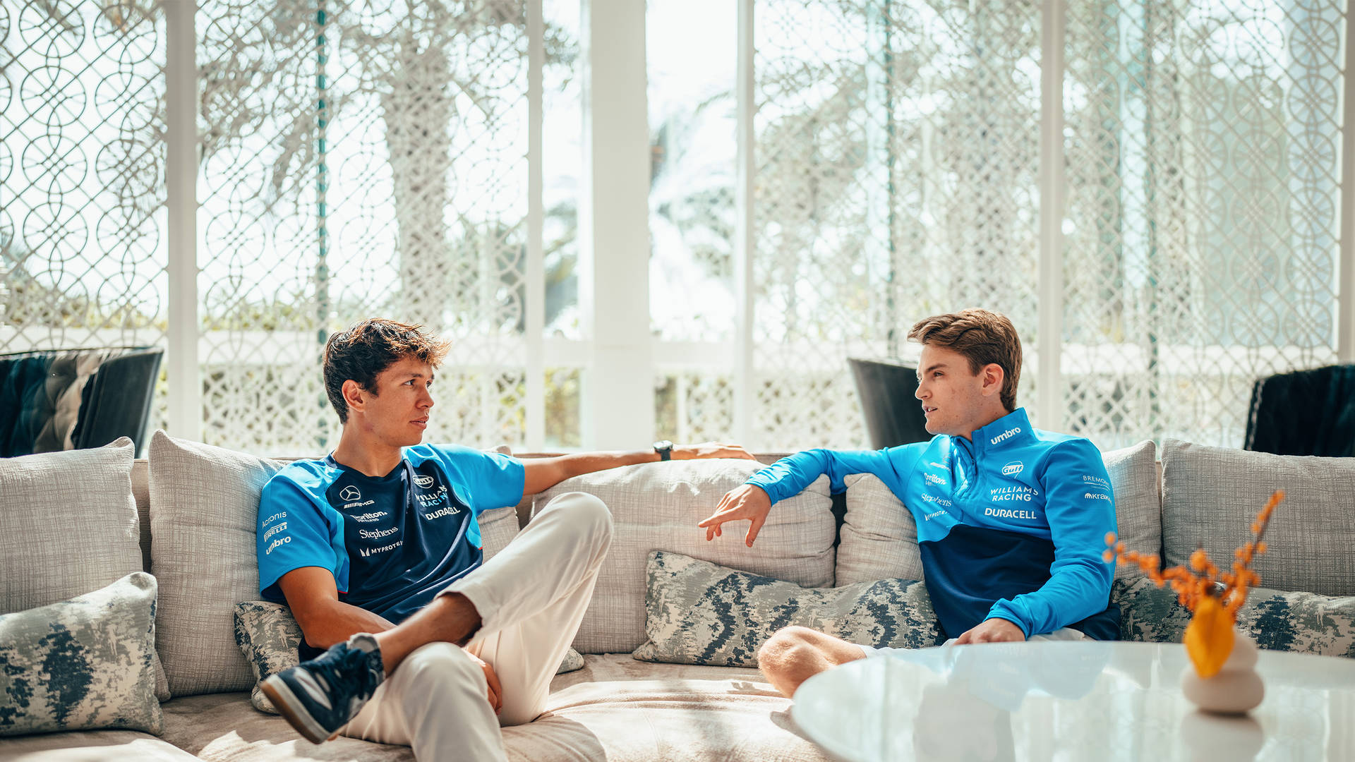 Alex Albon and Logan Sargeant during an end of season interview at the Jumeirah at Saadiyat Island Resort 