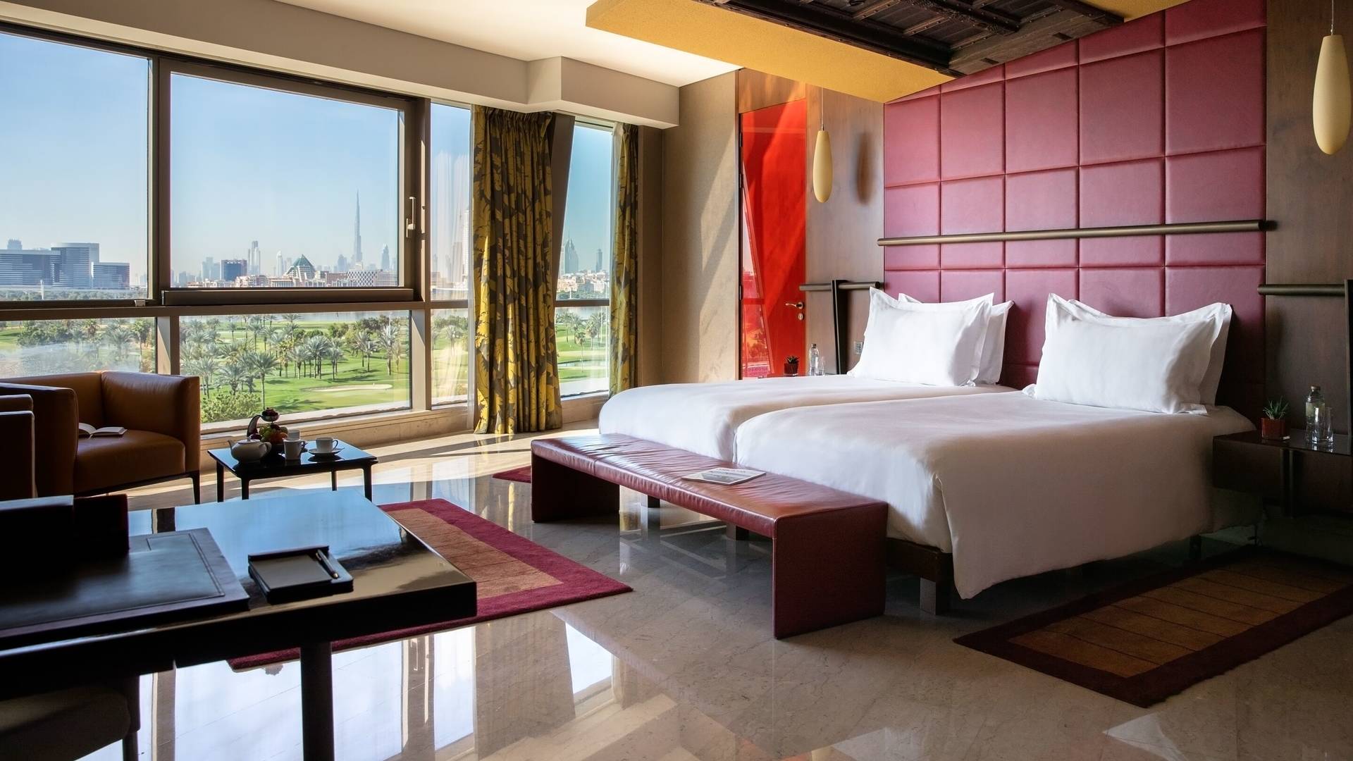 Golf course view from bedroom at Jumeirah Creekside Hotel in Dubai