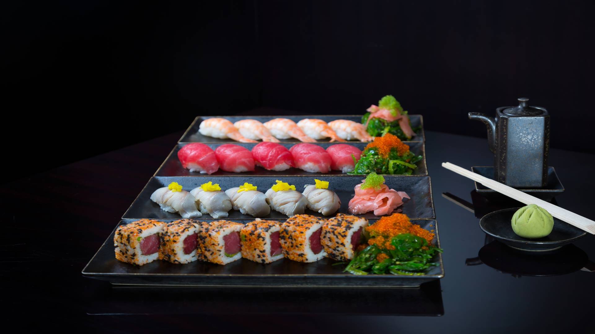 Plates of sushi at Mundo restaurant