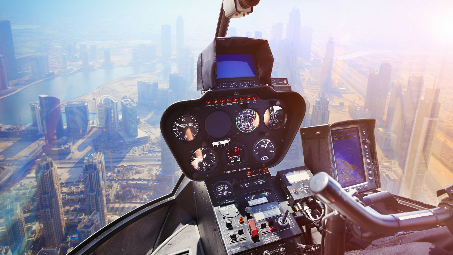 Helicopter flying over Dubai's skyline