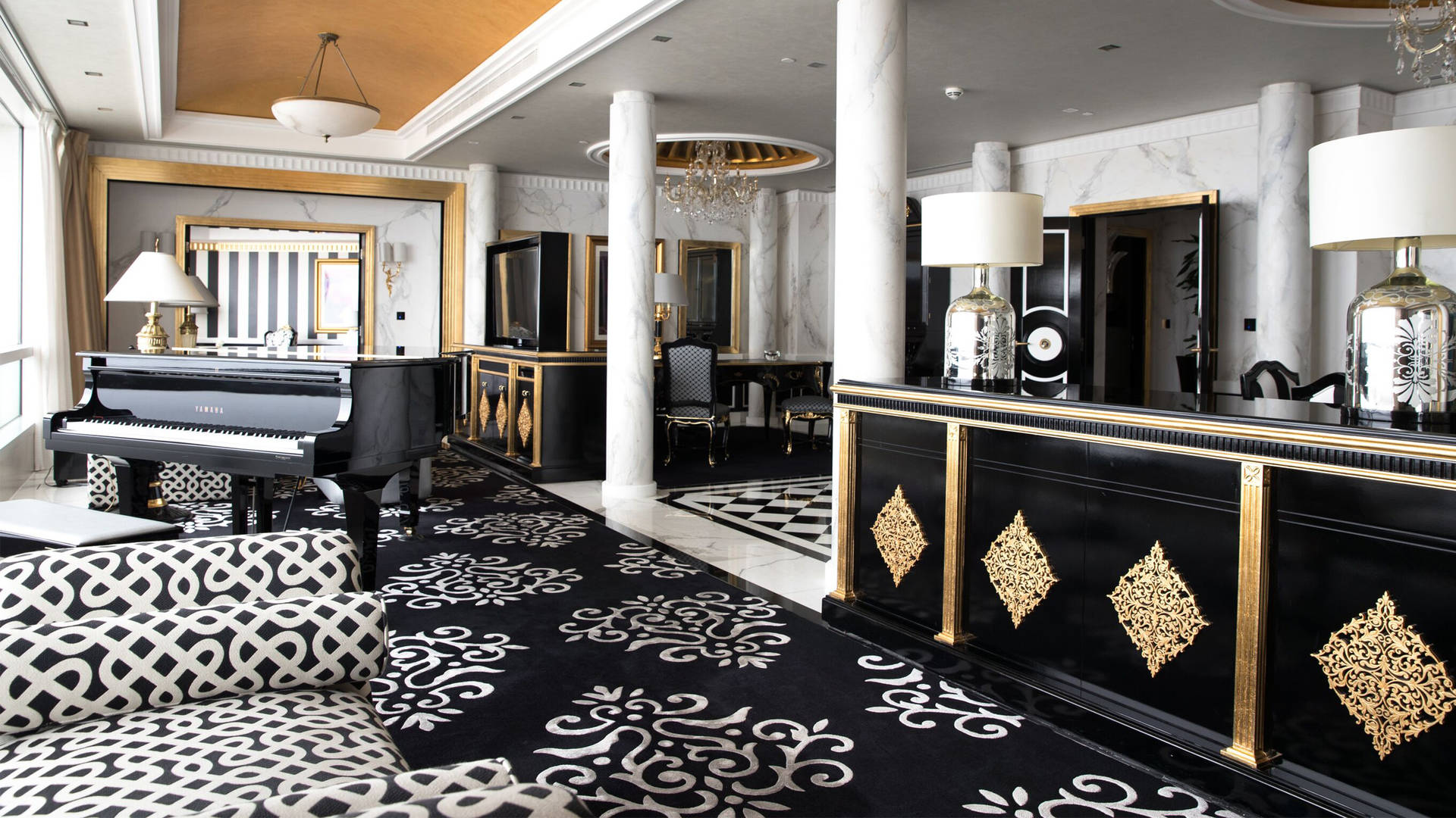 Striking Versace living room in the Presidential Suite in Jumeirah Emirates Towers in Dubai