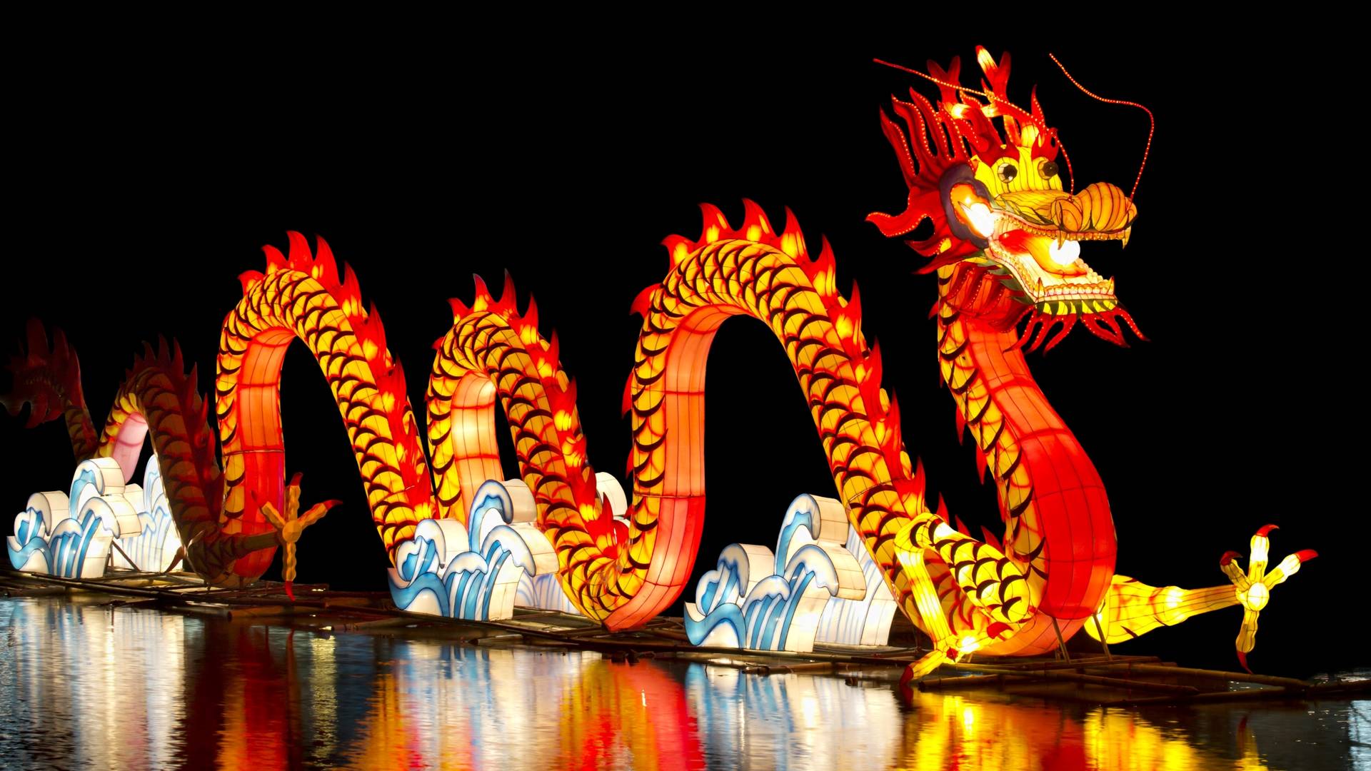 A lit up Chinese dragon on Chinese New Year