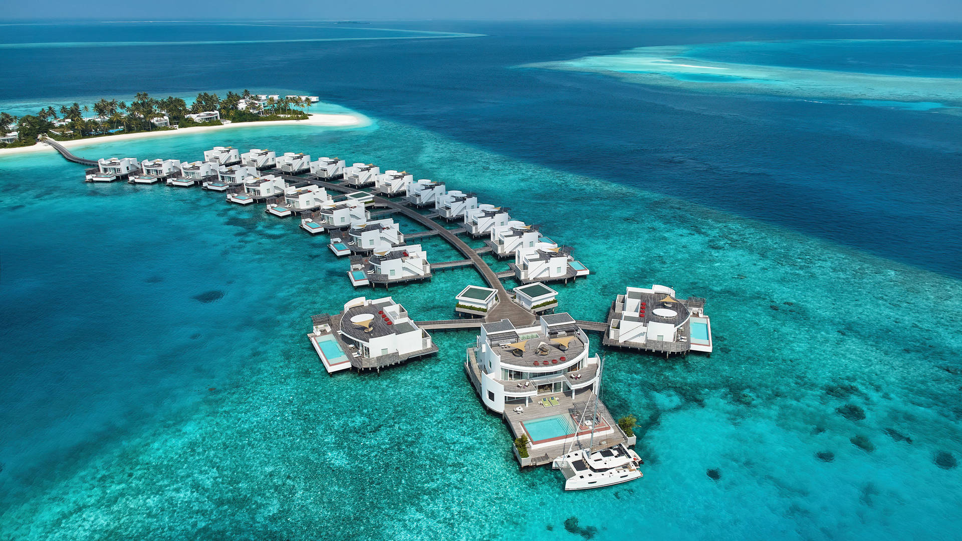 Aerial view of villas at the Jumeirah Maldives Olhahali Island 