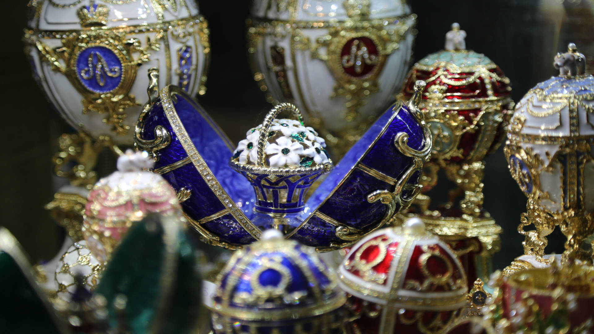Fabergé eggs displayed in a museum