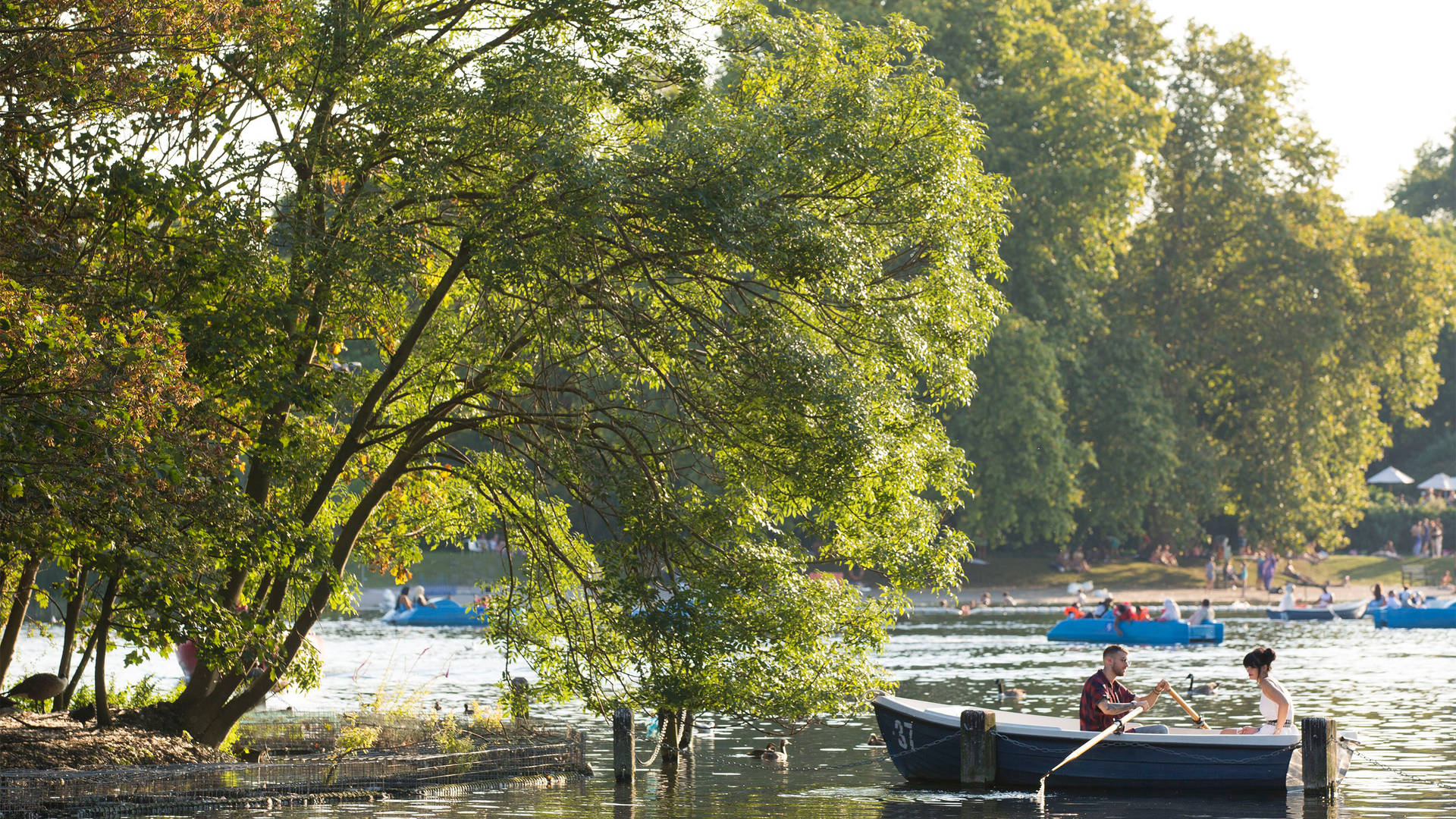 Image of two people on a rowing boat in Hyde Park, London near The Carlton Tower Jumeirah