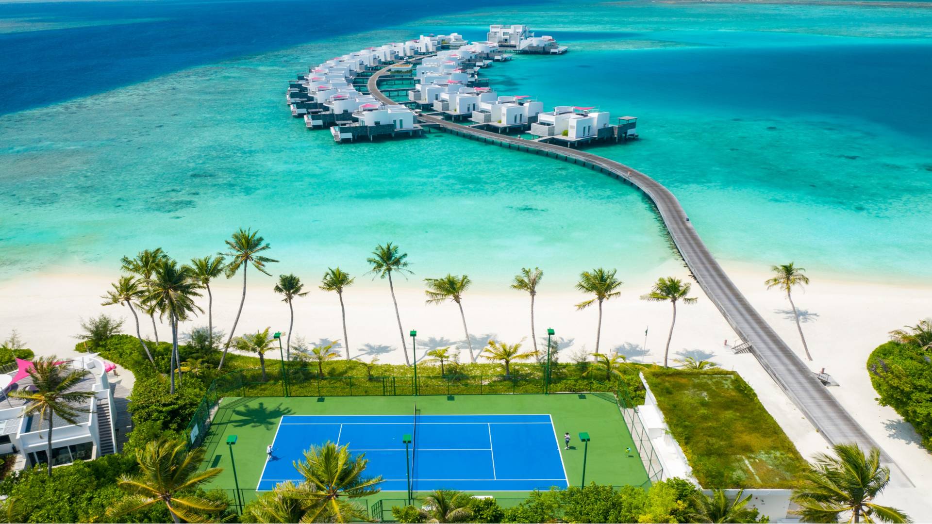 Aerial view of tennis court at Jumeirah Maldives Olhahali Island