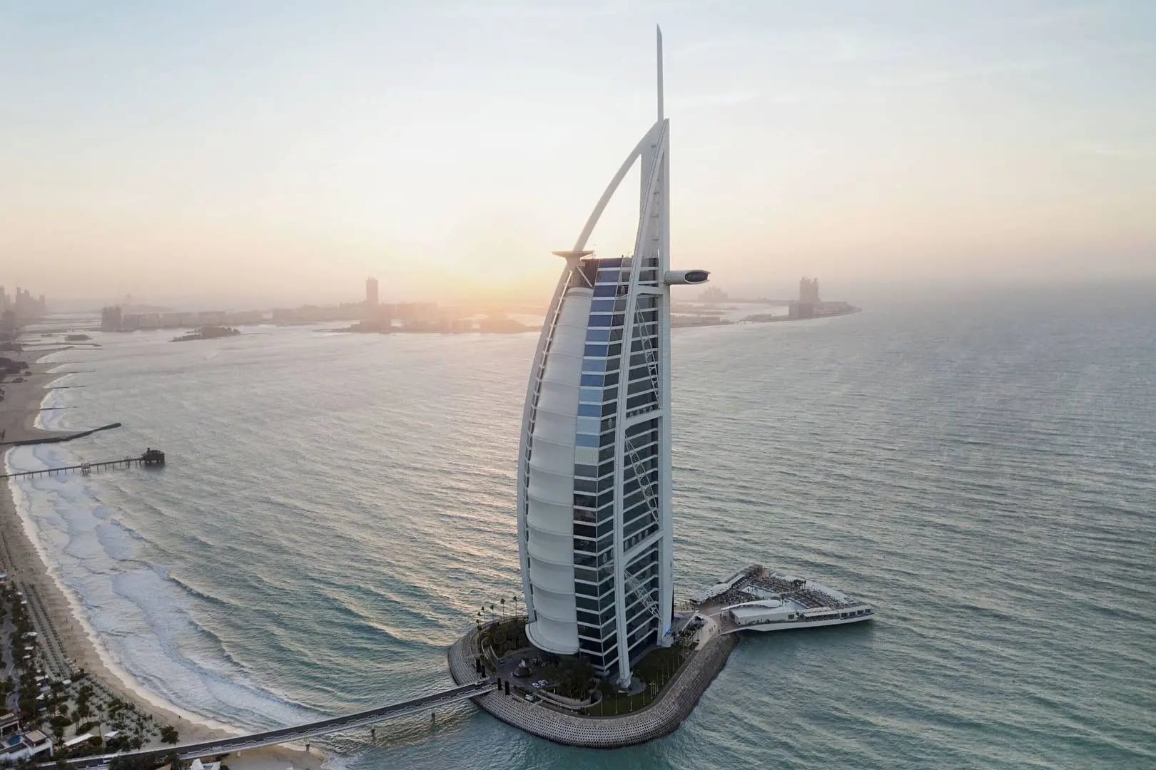 Aerial view of Burj Al Arab at sunset